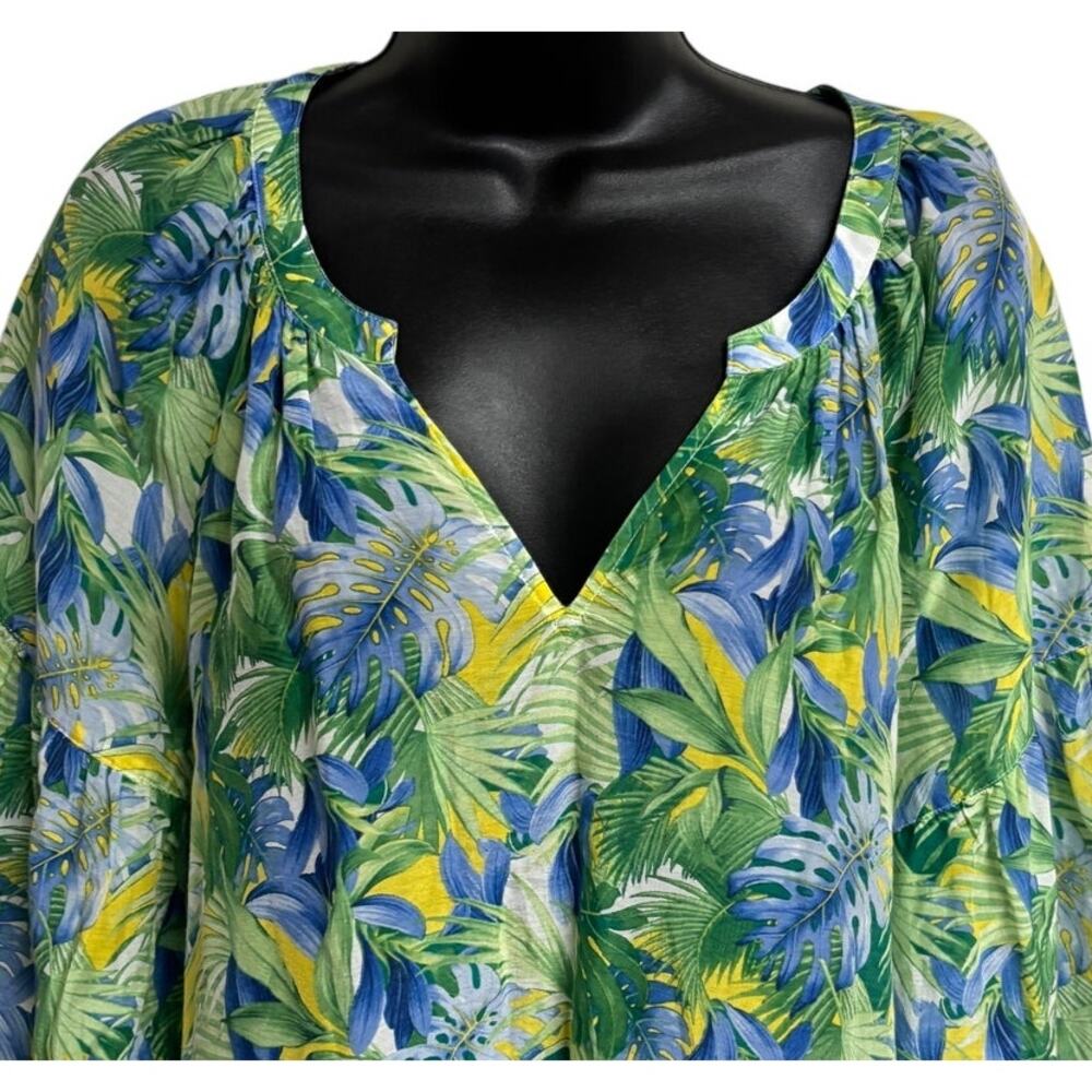 Tommy Bahama Women Tropical Blouse Large Green Blue Floral V Tunic Boho Top - Picture 2 of 7